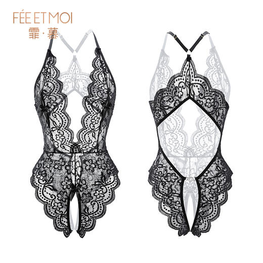 【情趣内衣】霏慕 深V露沟蕾丝开裆连体衣6693 商品图12