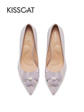 接吻猫新款花朵超高跟鞋尖头优雅气质婚鞋珍珠单鞋女