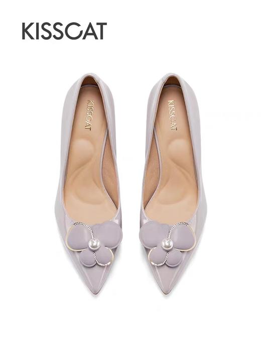 接吻猫新款花朵超高跟鞋尖头优雅气质婚鞋珍珠单鞋女 商品图0