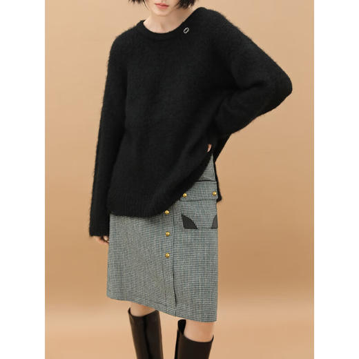 COCOBELLA质感PU拼接及膝千鸟格半身裙女秋冬气质A字裙HS551 商品图1