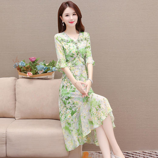 夏季新款，短袖裙荷叶边拼结中长款鱼尾裙时尚女装印花连衣裙QYM-TYP-YLYM817-Y 商品图1