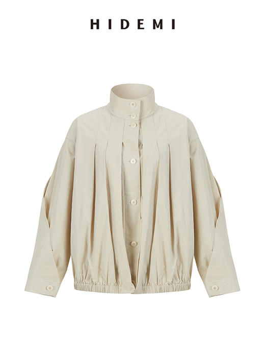 HIDEMI 褶皱花苞感做旧感水洗棉立体剪裁短款立领薄外套套装 商品图11