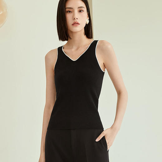 玳莎波浪V领针织背心女新款包边撞色设计感修身吊带针织衫  DC33002 商品图2