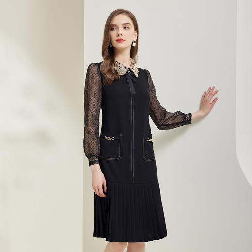 NG826斯尔丽瑟俪2023新款蕾丝袖手工压褶撞色装饰线减龄连衣裙 商品图2