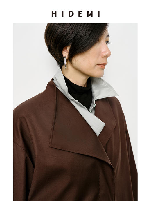 HIDEMI 不对称设计感翻领廓形口袋精纺羊毛中长款风衣 商品图7