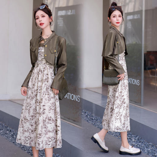 秋季新款，百搭皮衣外套+水墨画吊带连衣裙两件套HR-YJLY8011 商品图1