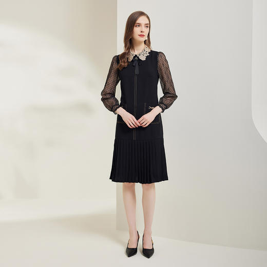 NG826斯尔丽瑟俪2023新款蕾丝袖手工压褶撞色装饰线减龄连衣裙 商品图3