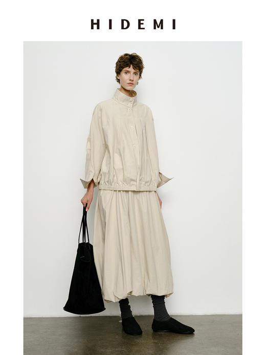 HIDEMI 褶皱花苞感做旧感水洗棉立体剪裁短款立领薄外套套装 商品图2