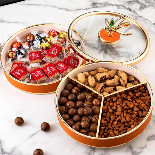 高档轻奢密封干果收纳盒客厅茶几水果盘双层旋转点心盒零食糖果盒珐琅彩蜻蜓双层果盘 （合金+皮革款） 商品图3