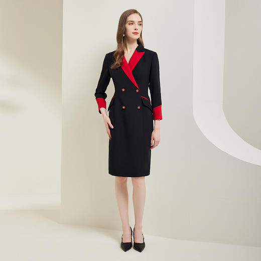 NG828斯尔丽瑟俪2023秋季新款撞色收腰包臀钻扣OL通勤连衣裙 商品图3