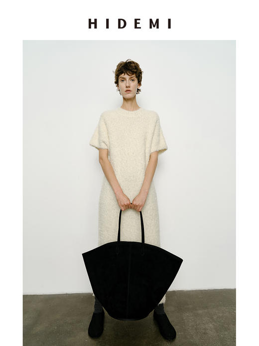 HIDEMI 极简圆领短袖羊毛圈圈纱针织连衣裙 商品图1