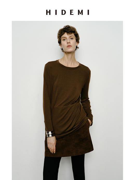 HIDEMI 叠穿神器 极简圆领超软糯宽松廓形长袖亲肤长袖T恤  巧克力色/浅灰色/黑色/白色 商品图5