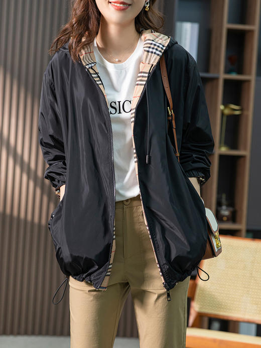 【现货7天】连帽短外套女2023秋装新款韩版宽松休闲夹克时尚百搭抽绳上衣 商品图2