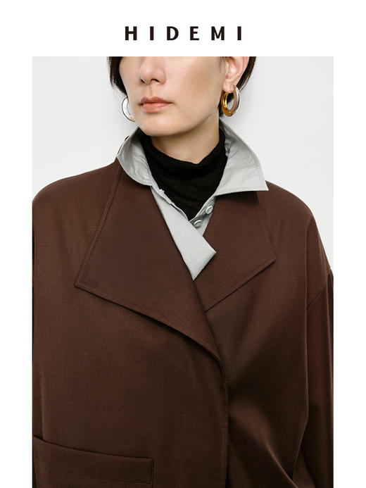 HIDEMI 不对称设计感翻领廓形口袋精纺羊毛中长款风衣 商品图6