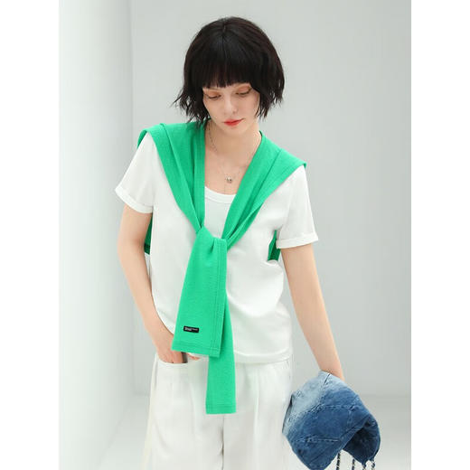 COCOBELLA凉感舒适圆领短袖T恤女绿色针织披肩套装NFS601 商品图1