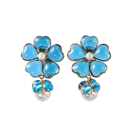 订购6个月到｜Gripoix Paris-No.49 Flower-蓝色琉璃 珍珠 耳环［法国设计师］ 商品图2