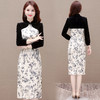 QYM YX-MQ26164-Y 复古连衣裙拼色印花裙2023年秋季新款长袖旗袍裙中长款开衩一步裙 商品缩略图2