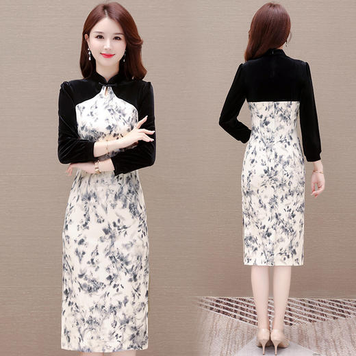 QYM YX-MQ26164-Y 复古连衣裙拼色印花裙2023年秋季新款长袖旗袍裙中长款开衩一步裙 商品图2