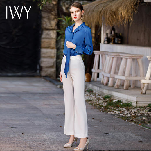 IWY/高级感蓝色缎面衬衫套裤女时尚设计感绑带衬衣职业装工作服B485 商品图2