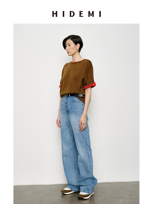 HIDEMI 极简圆领廓形宽松扬子纱无缝一体成型羊毛针织短袖叠穿神器 商品图2