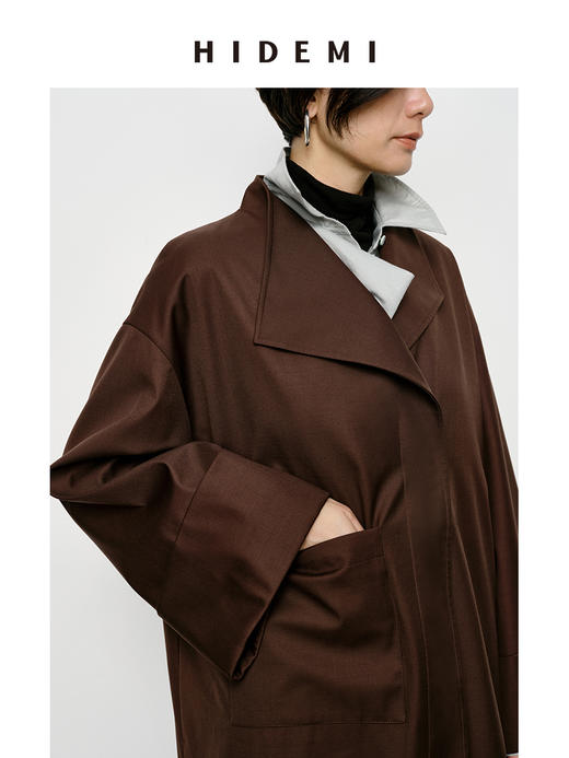 HIDEMI 不对称设计感翻领廓形口袋精纺羊毛中长款风衣 商品图5