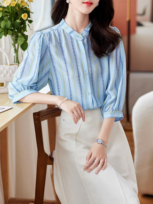 LS-1147真丝衬衫女2023新款蓝条纹七分袖时尚百搭大码宽松桑蚕丝上衣 商品图0