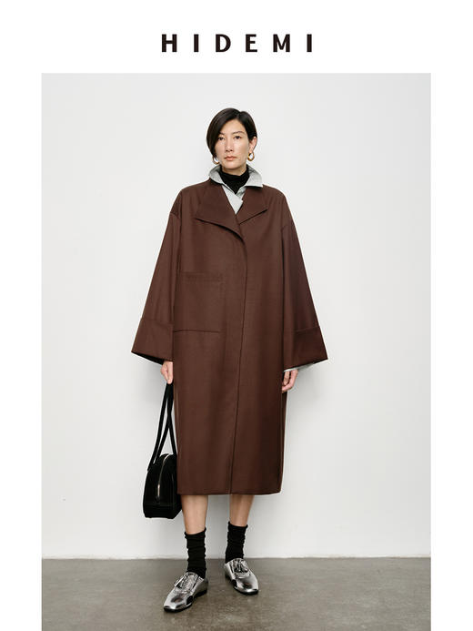 HIDEMI 不对称设计感翻领廓形口袋精纺羊毛中长款风衣 商品图0