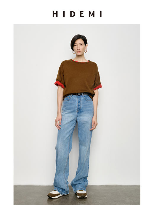 HIDEMI 极简圆领廓形宽松扬子纱无缝一体成型羊毛针织短袖叠穿神器 商品图0