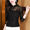 秋季新款，中式百搭黑色镂空植绒网纱盘扣长袖打底衫女t恤KQL-E37M2662 商品缩略图2