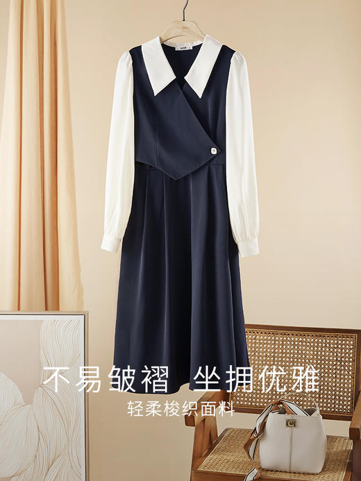 【专属特价】熙世界假两件拼接连衣裙女2025早秋款气质优雅撞色长袖衬衫裙子 商品图2