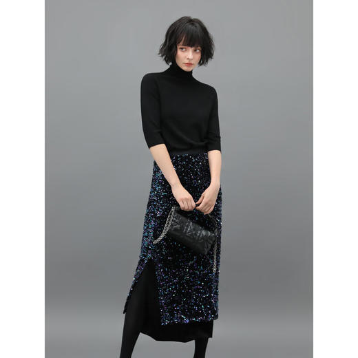 COCOBELLA幻彩亮片丝绒半身裙女秋冬气质名媛小香风开叉长裙HS548 商品图3