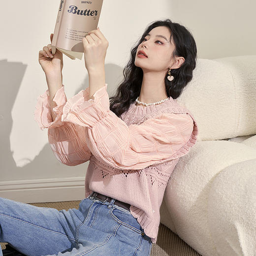 减龄镂空小众针织衫女新款拼接袖子假两件圆领上衣女V1938332 商品图4