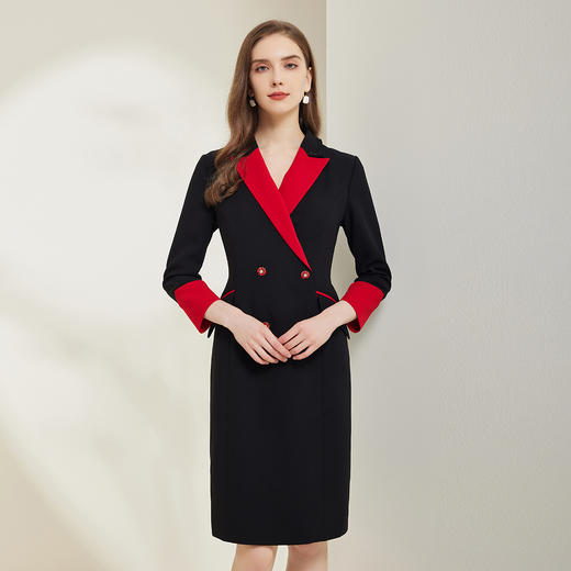 NG828斯尔丽瑟俪2023秋季新款撞色收腰包臀钻扣OL通勤连衣裙 商品图0