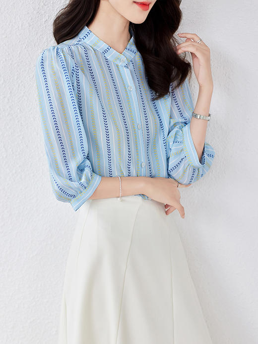 LS-1147真丝衬衫女2023新款蓝条纹七分袖时尚百搭大码宽松桑蚕丝上衣 商品图2