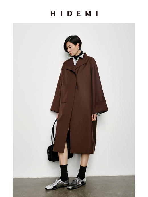 HIDEMI 不对称设计感翻领廓形口袋精纺羊毛中长款风衣 商品图4
