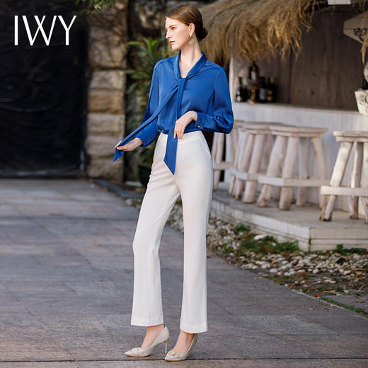 IWY/高级感蓝色缎面衬衫套裤女时尚设计感绑带衬衣职业装工作服B485 商品图4