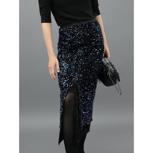 COCOBELLA幻彩亮片丝绒半身裙女秋冬气质名媛小香风开叉长裙HS548 商品图2