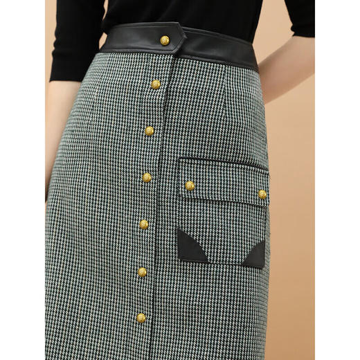 COCOBELLA质感PU拼接及膝千鸟格半身裙女秋冬气质A字裙HS551 商品图2