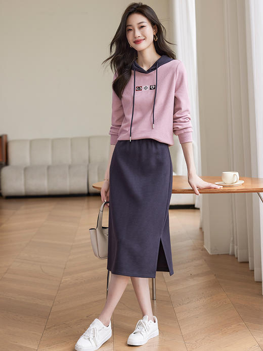 【1件83折】熙世界华夫格撞色连帽卫衣套装女2025年秋季时尚休闲半身裙两件套 商品图4
