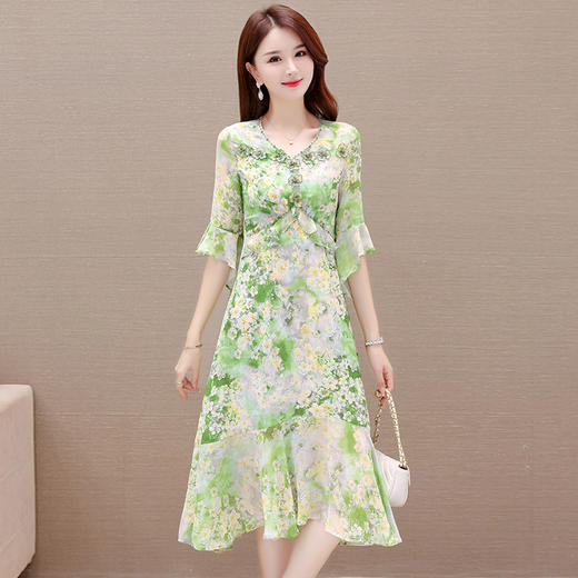 夏季新款，短袖裙荷叶边拼结中长款鱼尾裙时尚女装印花连衣裙QYM-TYP-YLYM817-Y 商品图0