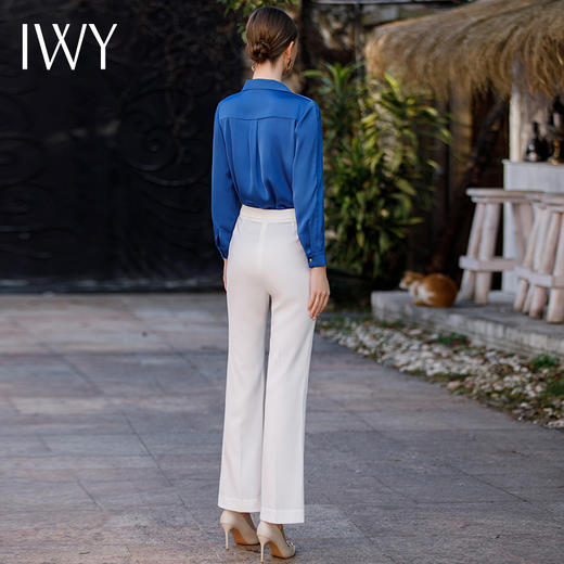 IWY/高级感蓝色缎面衬衫套裤女时尚设计感绑带衬衣职业装工作服B485 商品图3