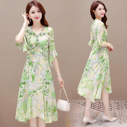 夏季新款，短袖裙荷叶边拼结中长款鱼尾裙时尚女装印花连衣裙QYM-TYP-YLYM817-Y 商品图2