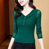 V领纯色网纱钉珠长袖打底衫，女t恤秋新款中袖百搭t恤女上衣KQL-E37M2665 商品缩略图0
