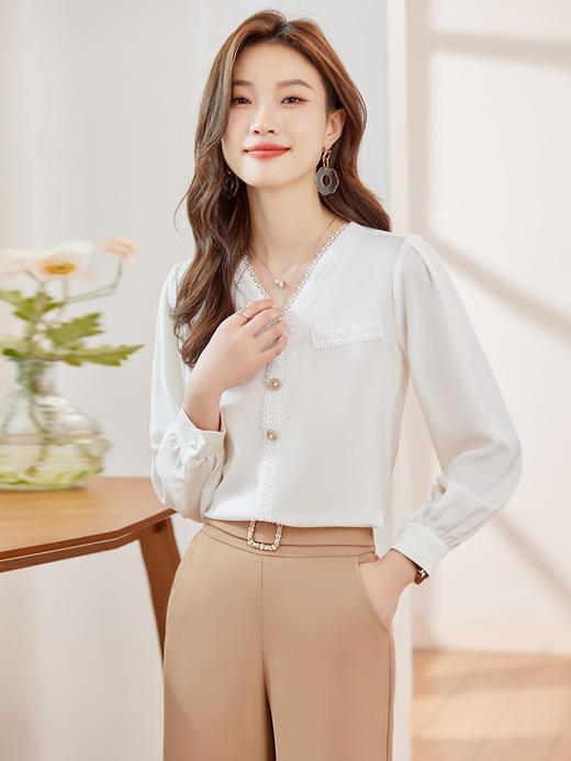 XZ-Q6900雪纺衬衫女2023早秋新款别致洋气蕾丝长袖上衣女设计感小众时尚风 商品图0