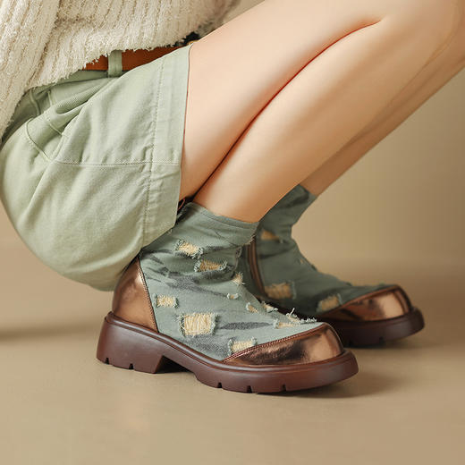 复古牛仔风潮，拼接侧拉链短靴J-930F 商品图3