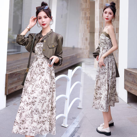 秋季新款，百搭皮衣外套+水墨画吊带连衣裙两件套HR-YJLY8011 商品图5