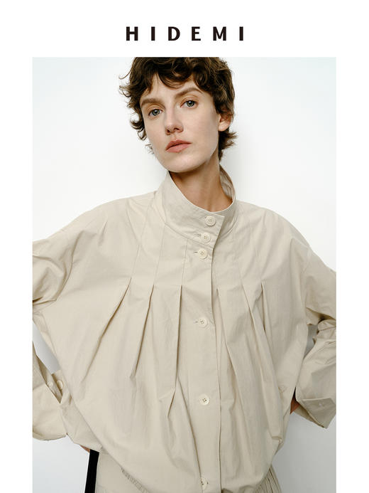 HIDEMI 褶皱花苞感做旧感水洗棉立体剪裁短款立领薄外套套装 商品图6