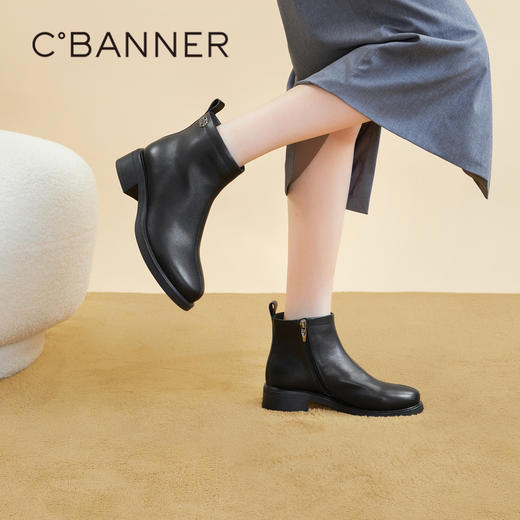 千百度真皮时装靴秋冬时尚短靴子女鞋英伦风舒适显瘦气质A23529906 商品图0