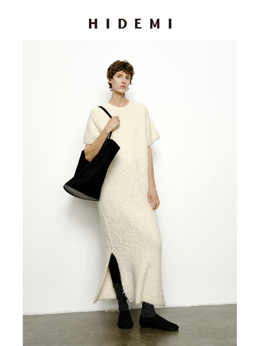 HIDEMI 极简圆领短袖羊毛圈圈纱针织连衣裙 商品图0
