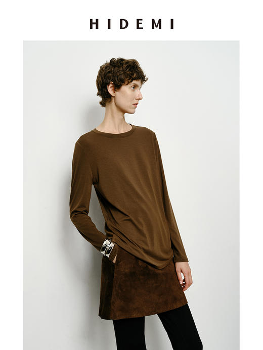 HIDEMI 叠穿神器 极简圆领超软糯宽松廓形长袖亲肤长袖T恤  巧克力色/浅灰色/黑色/白色 商品图8
